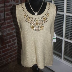 RUBY RD. Gold Metallic Beaded Sleeveless Sweater Top NEW $64 LARGE